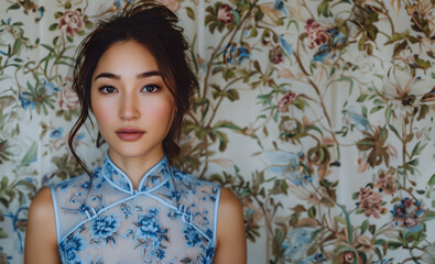Serene young woman posing in a blue traditional cheongsam, with a floral backdrop complementing her elegant style and quiet confidence.
