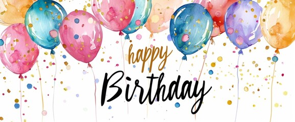 Happy birthday banner with colorful balloons and confetti, hand drawn watercolor vector illustration with calligraphy text Generative AI