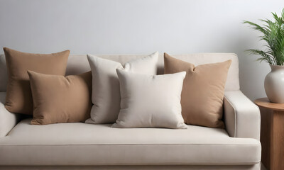 Close up fabric sofa with pillows, home interior modern living room