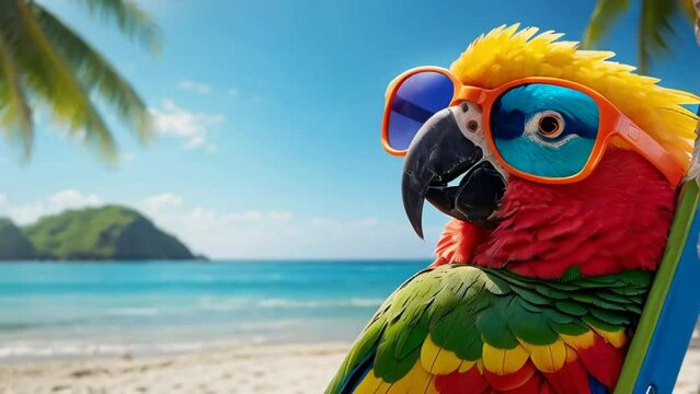 cute parrot on the beach wearing sunglasses