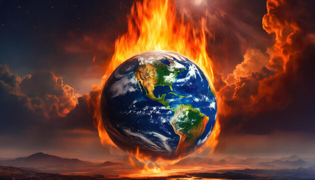 Dramatic image of Earth engulfed in flames against a fiery sky, symbolizing environmental crisis.
