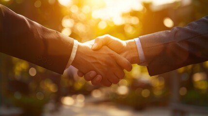 Close up businesspeople shaking hands on sunlight blur background. AI generated image - obrazy, fototapety, plakaty