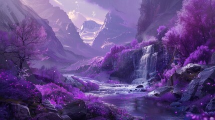 A surreal, purple-hued landscape with blossoming trees and cascading waterfalls, invoking a sense of magic and serenity.
