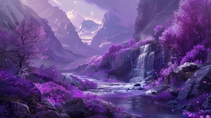 Rolgordijnen A surreal, purple-hued landscape with blossoming trees and cascading waterfalls, invoking a sense of magic and serenity. © mariiaplo