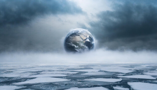 Vivid Earth floating above a frozen, cracked sea under a stormy sky.
