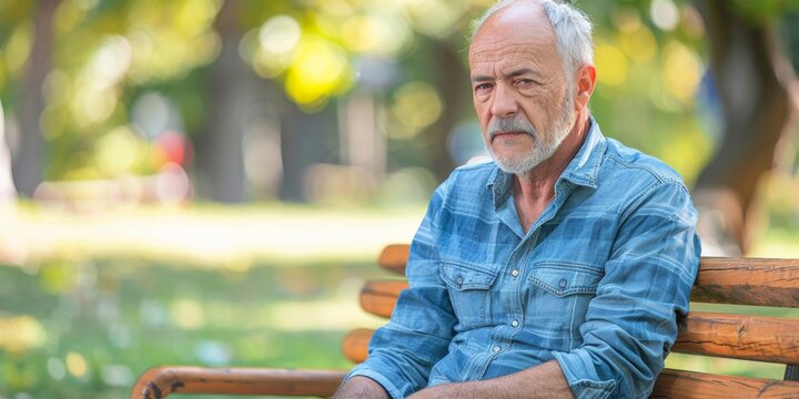 Middle-aged man on park bench, pausing to address andropause fatigue, immersed in the calming presence of a natural environment