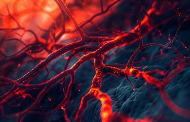 Cinematic style image of blood vessels under thermal imaging showcasing the temperature variations and highlighting the heat distribution in a dramatic color palette