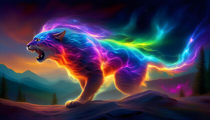 A digitally-rendered painting of a plasma creature prowling through a fantastical landscape, with vibrant colors and intricate details. - obrazy, fototapety, plakaty