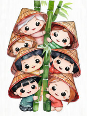 Cute Asian children in bamboo