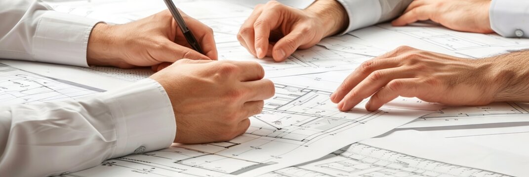 Business teams hands over architectural plans embodying meticulous analysis and corporate synergy