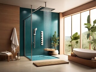 Luxurious, environmentally friendly shower in a contemporary bathroom with a ceiling-mounted rain shower head and rich golden and greenery

