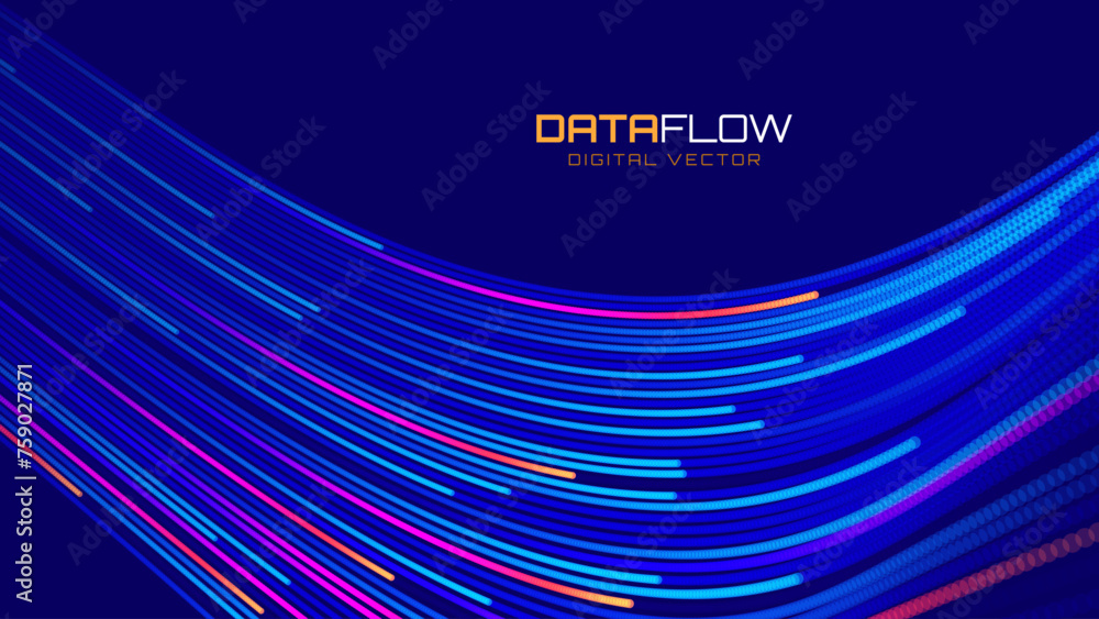 Poster Digital Data Flow Vector Background. Big Data Technology Lines. 5G Wireless Data Transmission. High Speed of Light Trails. Information Flow in Virtual Reality Cyberspace. Vector Illustration.