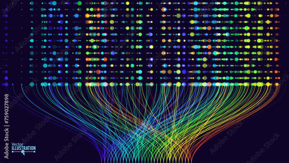 Poster BIG DATA Machine Learning Algorithms. Data Sorting Rainbow Graph. Computer Science Concept. Big Data Analytics Stream. Information Classification. Vector Illustration.