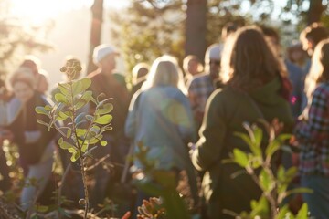 Sunlight filters through a community engaged in planting new life, illustrating dedication to environmental conservation - obrazy, fototapety, plakaty