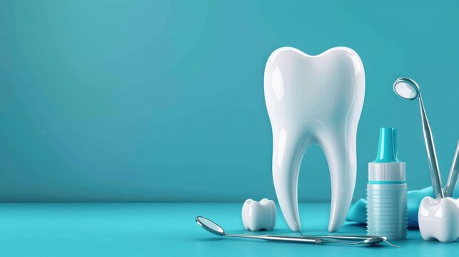 3d render white healthy tooth with different dentist tools on pastel blue background. AI generated