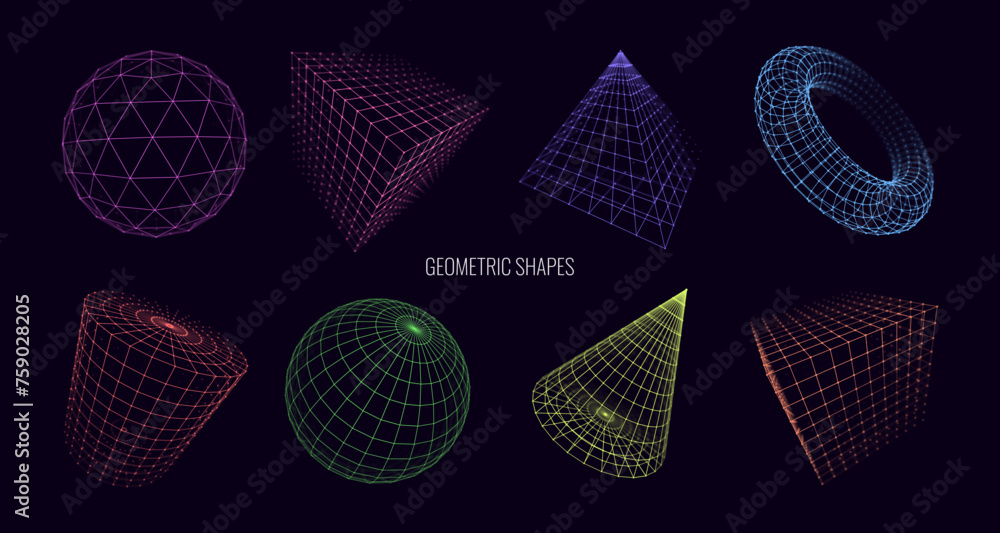Poster collection of lowpoly 3d shapes of platonic solids. polygonal shapes basic linear algebra figures. v