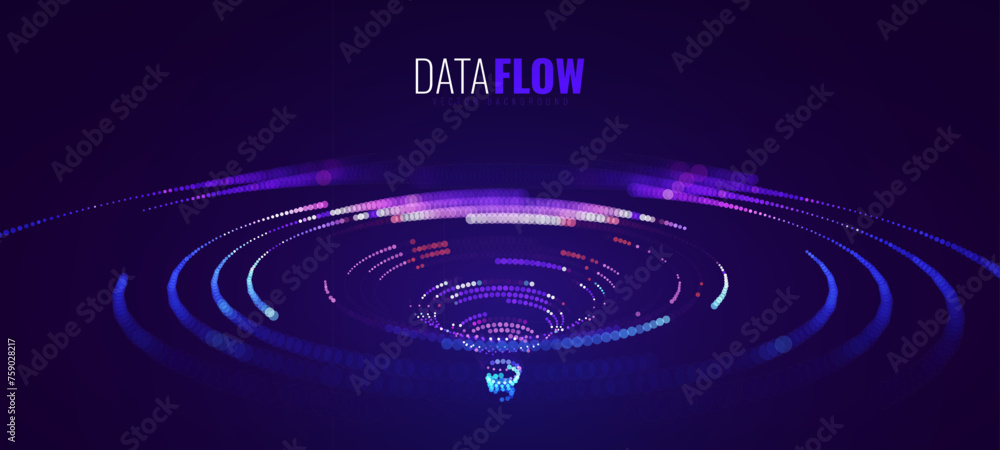 Poster Big Data Visualization. Circular Particles Dots Vortex Abstract Galaxy. Futuristic Science or Finance Infographic Design. Complex Visual Data Background. Abstract Data Flowing. Vector Illustration.