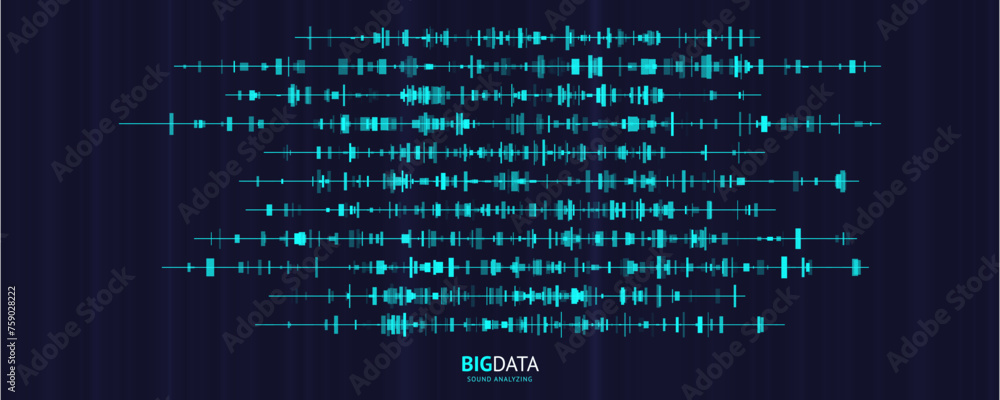 Poster Big Data Audio Recognition Concept Background. Voice Recognition. Sound Waves Machine Learning Algorithm Visualization. Vector Illustration.