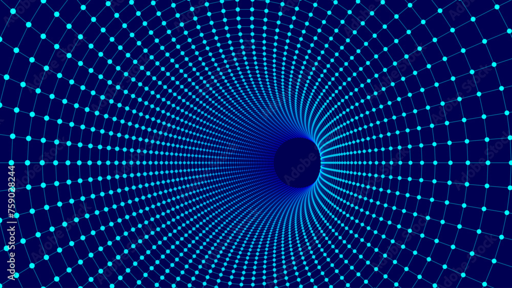 Poster blue digital tunnel or wormhole. wireframe abstract mesh with hole. 3d tunnel grid mesh. blue hi tec