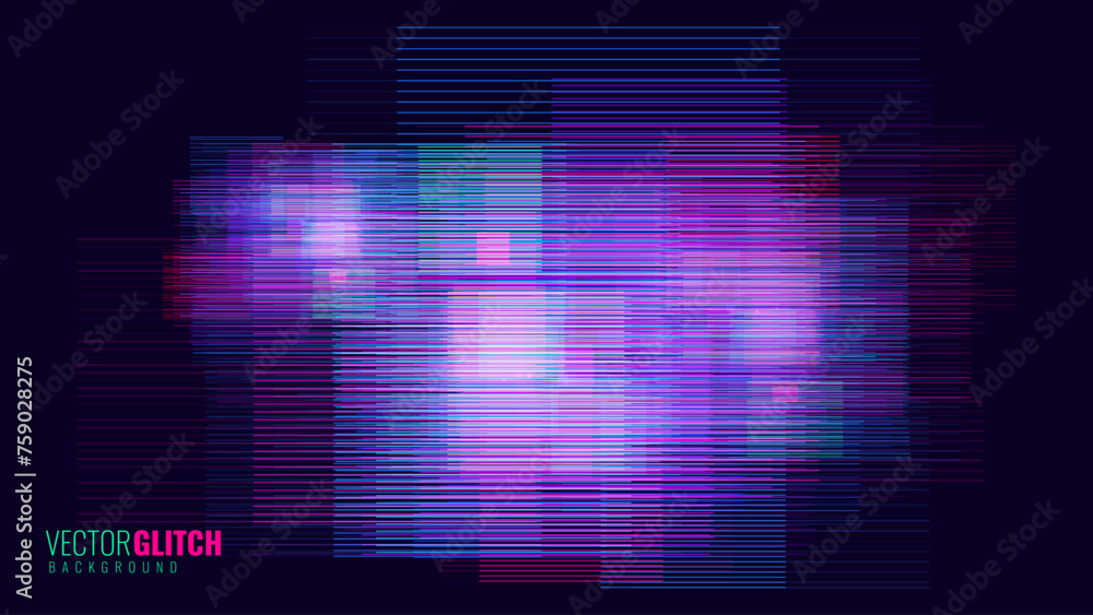 Poster Abstract Glitch Horizontal Lines Background. Unique Design Abstract Digital Noise Glitch Error Video Damage Texture. Aesthetics of Vaporwave or Cyberpunk Style. Vector Illustration.