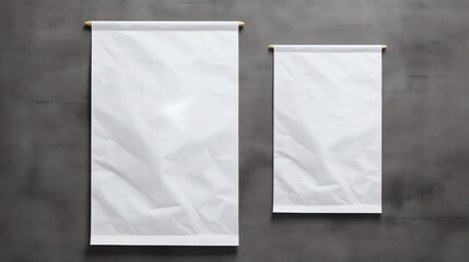 Two blank empty white wrinkled vertical posters on a textured wall for mockup display.