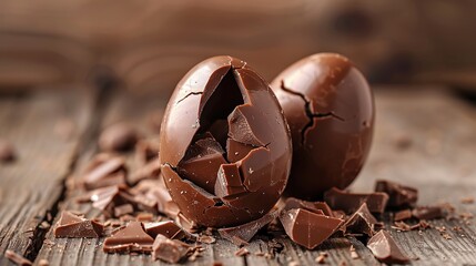 Broken chocolate eggs on brown background. Generative AI