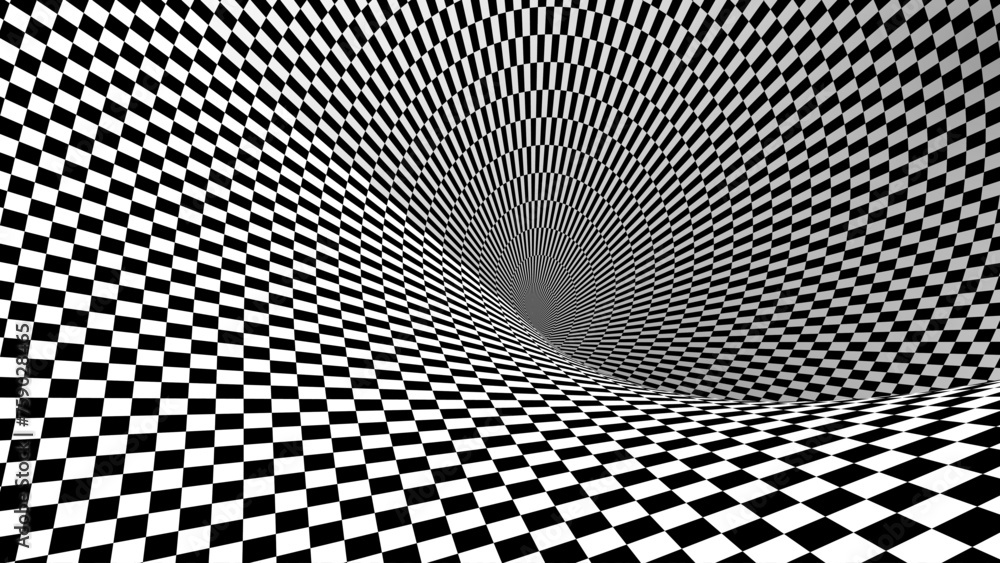 Leinwandbilder Abstract Black and White Pattern with Tunnel. Contrasty Optical Psychedelic Illusion. Optical Art Gravity Vortex. Smooth Checkered Tunnel and Chessboard in Perspective. Vector 3D Illustration.