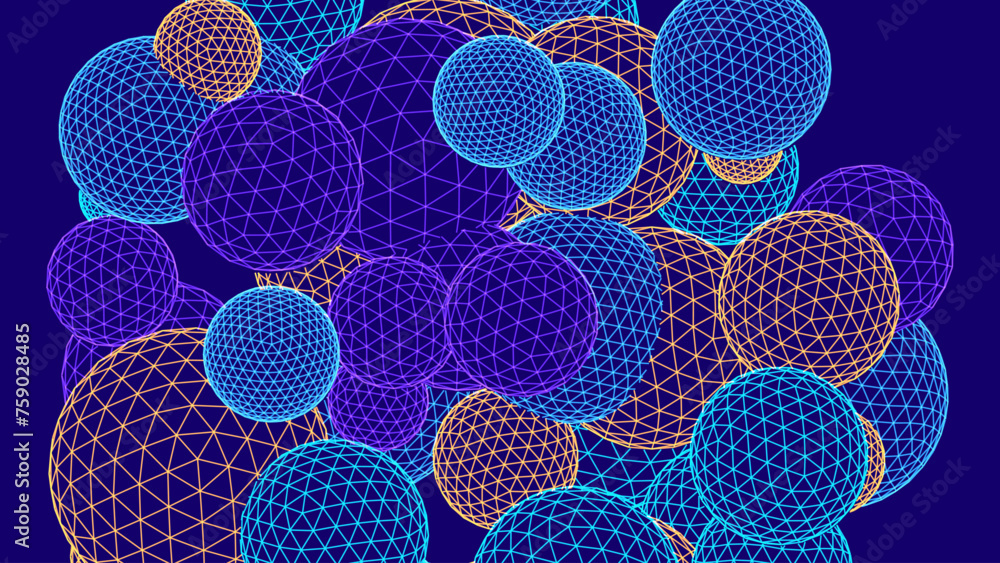 Fototapete Minimal Line Art 3D Balls Background. Geometric Spheres Wallpaper. Wireframe Grid Low Poly Globe Mesh Spherical Objects Backdrop. Abstract Vector Illustration.