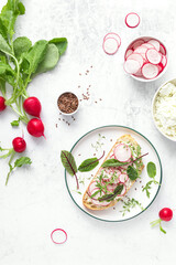 Radish sandwiches with cottage cheese and fresh green leaves, top down view
