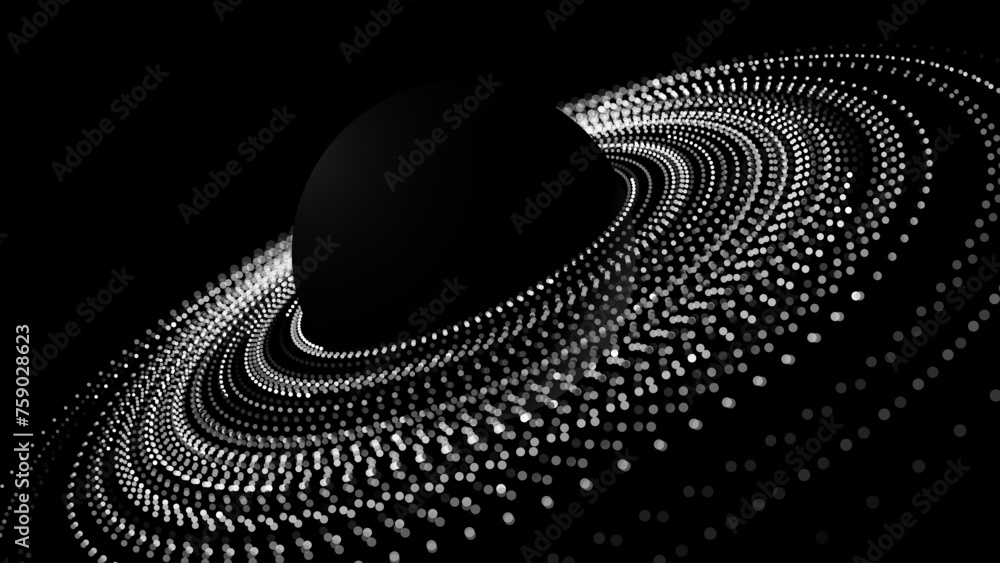 Poster black stylized saturn planet with rings. black hole background. universe and starry concept. gravity