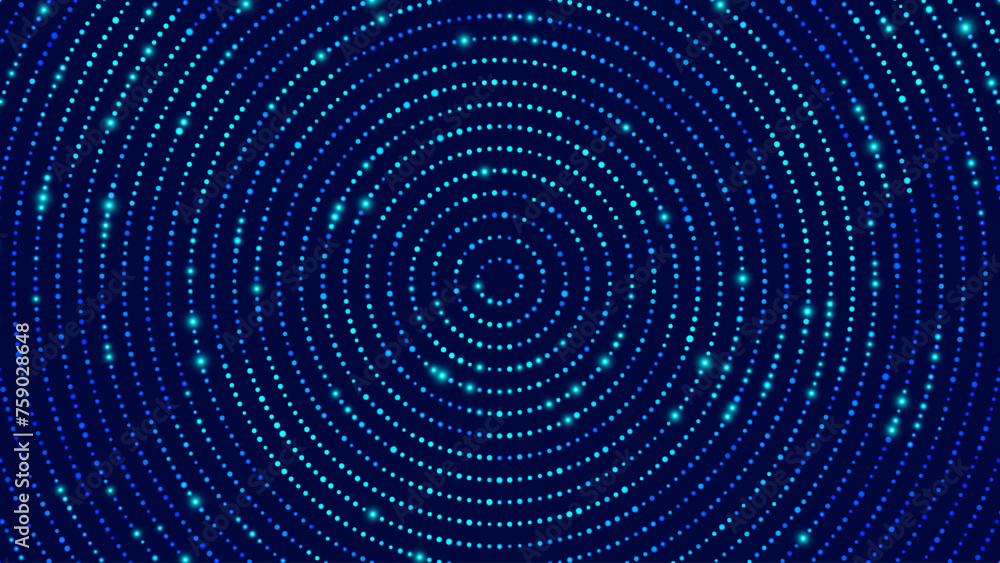 Poster Abstract Digital Circles of Particles with Noise. Futuristic Circular Sound Wave. Big Data Visualization. 3D Virtual Space VR Cyberspace. Vector Illustration.