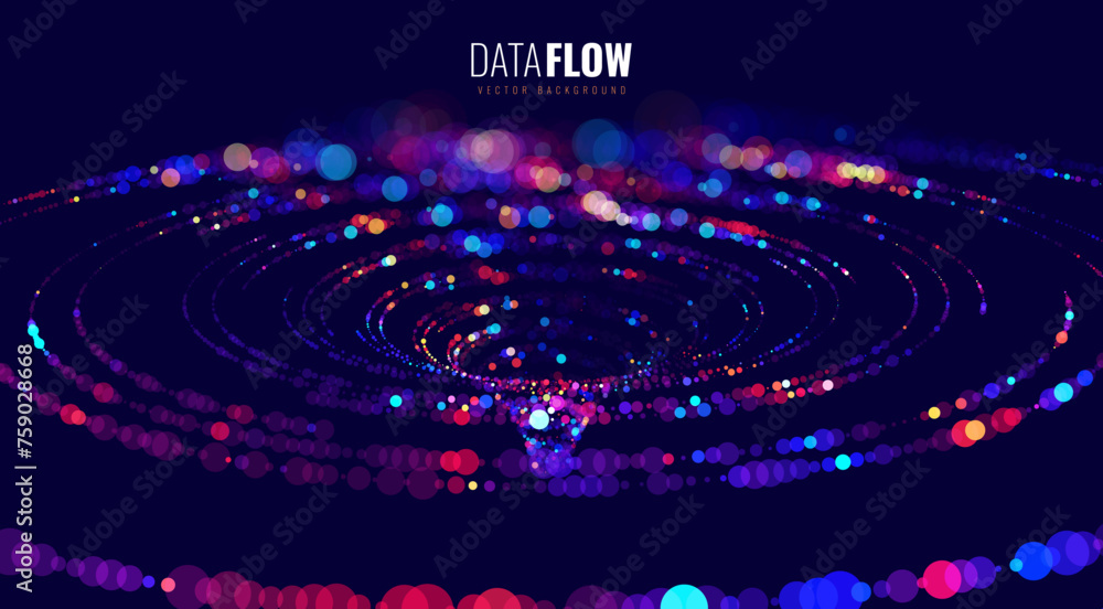 Poster Big Data Visualization. Circular Particles Dots Vortex Abstract Galaxy. Futuristic Science or Finance Infographic Design. Complex Visual Data Background. Abstract Data Flowing. Vector Illustration.