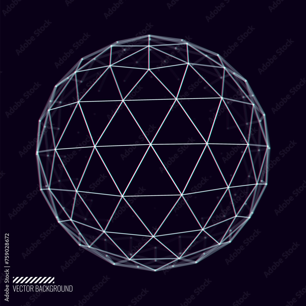 Poster glitched cyberpunk 3d icosphere. 3d globe geometry for retrowave vaporwave synthwave style graphic d