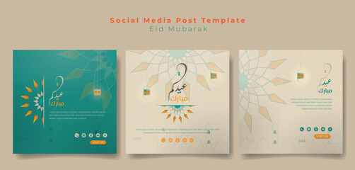 Set of social media post template with mandala ornamental design and line art of mosque and lantern design. Islamic social media post template for eid mubarak. arabic text mean is eid mubarak.