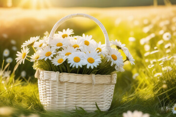 Daisies or Chamomile bouquet. Summer flowers in a wicker basket on a meadow with green grass at sunny spring day. Blooming season. Natural spring background with wildflowers.