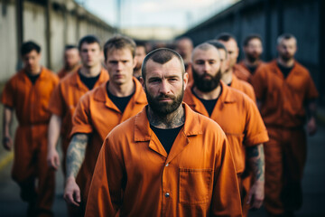 Criminals jailed in prison in orange uniform behind metal bars Generative AI realistic 3D picture - obrazy, fototapety, plakaty