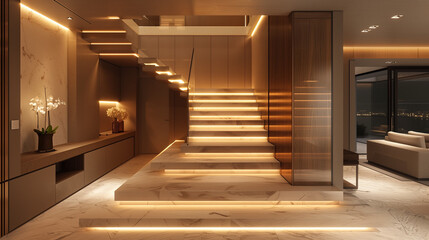 Luxury Interior Design in a Multi-Storey Home - Infusing Serenity with Wooden Staircases and Stylish Storage Solutions