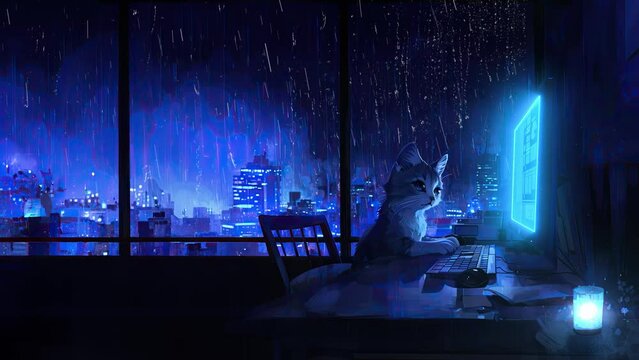 cute funny cat kitten working on a compute in office with city view on a rainy night blue rain workstation for obs livestream overlays animated seamless loop video