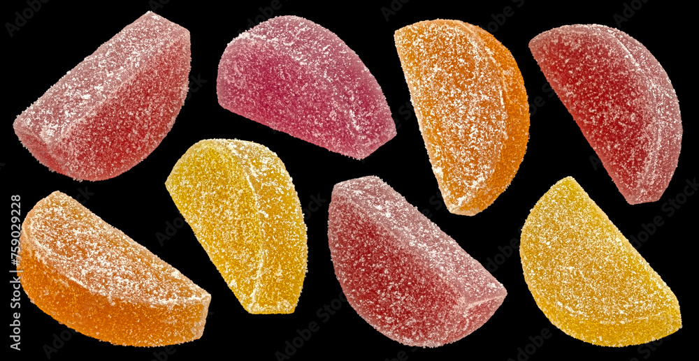 Wall mural Citrus marmalade candies isolated on black background