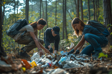 Volunteers Collecting Trash in Forest During Daylight