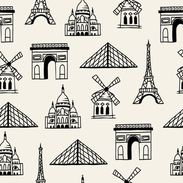 Line art doodle Paris sightseeings background