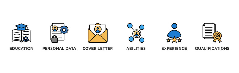 Curriculum vitae banner web icon vector illustration concept with icon of education, personal data, cover letter, abilities, experience and qualifications	