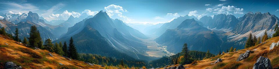 A stunning view of a mountain range with a valley in the foreground, showcasing the beauty of the Swiss Alps and the serene alpine scenery.