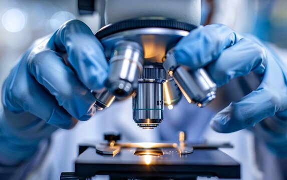 Close up of a research nurses hands under a microscope clinical trial findings hopeful patients in the backdrop