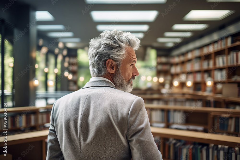 Poster generated with ai image of middle aged handsome man standing in front of library books
