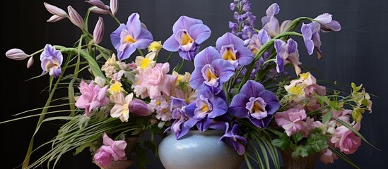 Spring arrangement of purple irises in a clay pot surrounded by other flowers and plants.