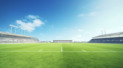 Fototapeta na wymiar soccer, stadium, empty, grass, field, brown, clear, blue, sky, sports, arena, deserted, abandoned, football, pitch, vacant, lone, barren, isolated, quiet, vast, horizon, weathered, crisp, sunny