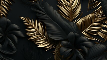 black, gold, leaves, background, elegant, sophisticated, luxurious, decorative, ornamental, pattern, metallic, shiny, opulent, glamour, abundance, lush, foliage, jungle, tropical, floral, nature