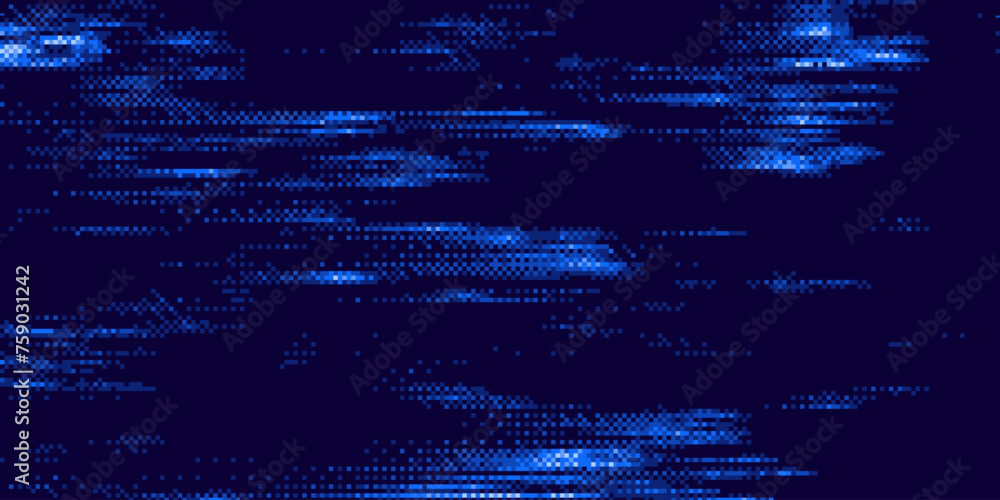 Poster Blue Pixel Glitch Dither Effect Background. Abstract Noise Effect. Video Damage Error. Digital Signal Damage Visualization. VHS Overlay Texture. Vector Illustration.