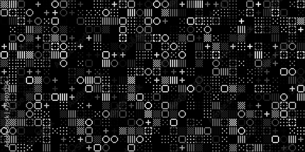 Poster Abstract Pixel Symbols Vector Pattern. Geometric Retro Computer Game Style Texture. Generative Art Tech Vector Illustration. Grid of Pixel Shapes.